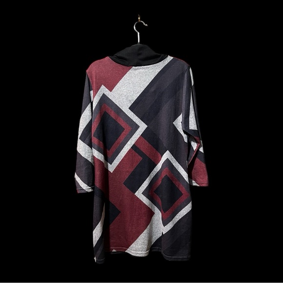 Funsport Black/Burgundy/Grey Geometric Print Cowl Neck Knit Tunic Top - Picture 2 of 11